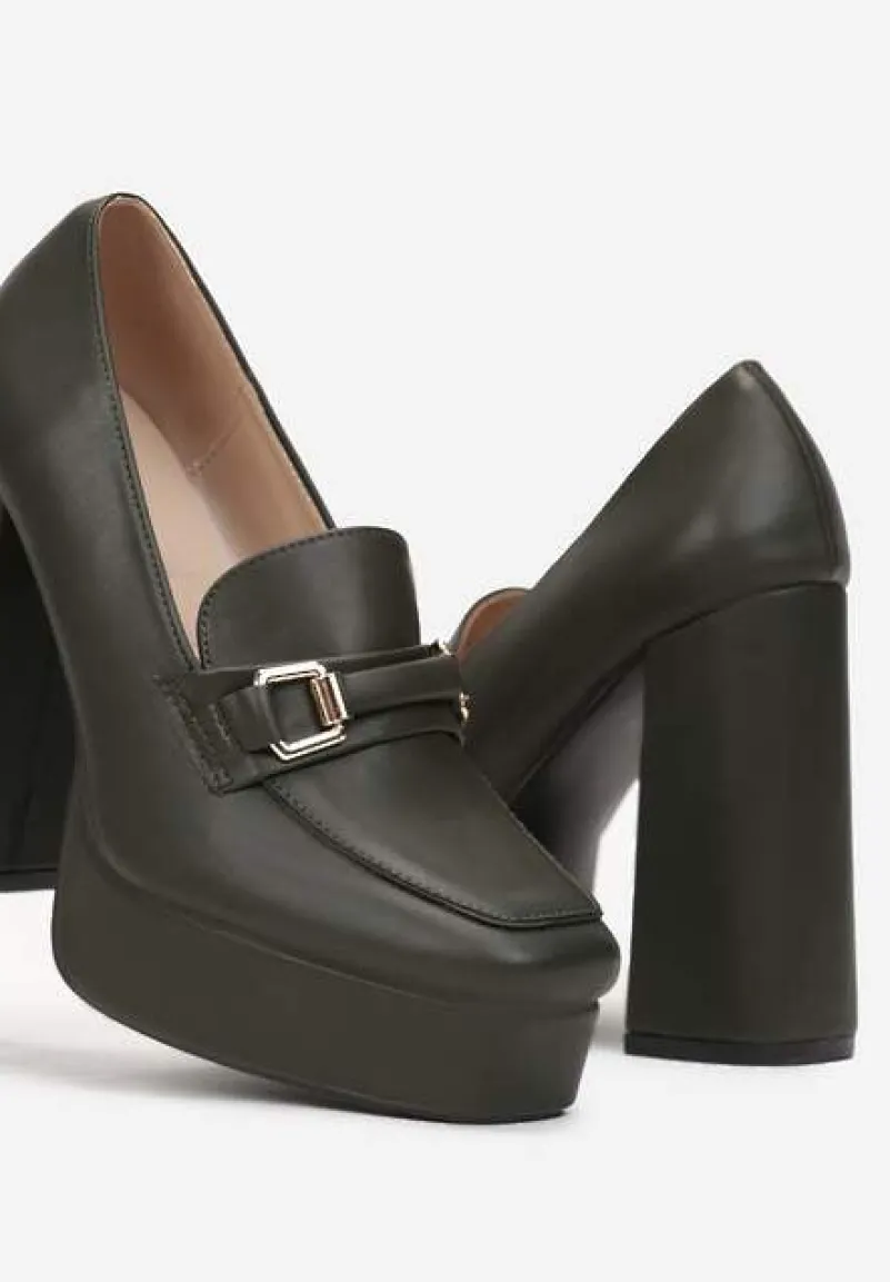 Ciemnozielone Czółenka na Platformie i Słupku z Ozdobną Klamerką Idonora