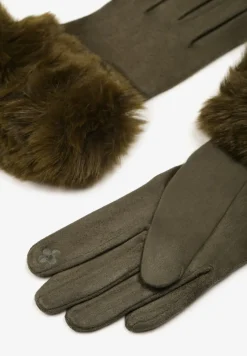 Ciemnozielone Eleganckie Rękawiczki z Ozdobnym Futerkiem Welinna