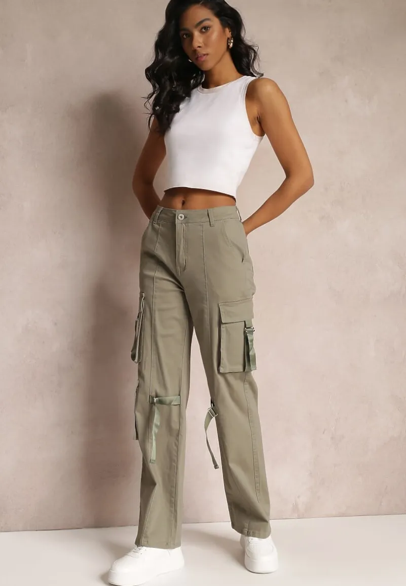 Ciemnozielone Jeansy Cargo z Kieszeniami i Taśmami Vinlis