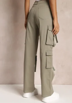 Ciemnozielone Jeansy Cargo z Kieszeniami i Taśmami Vinlis