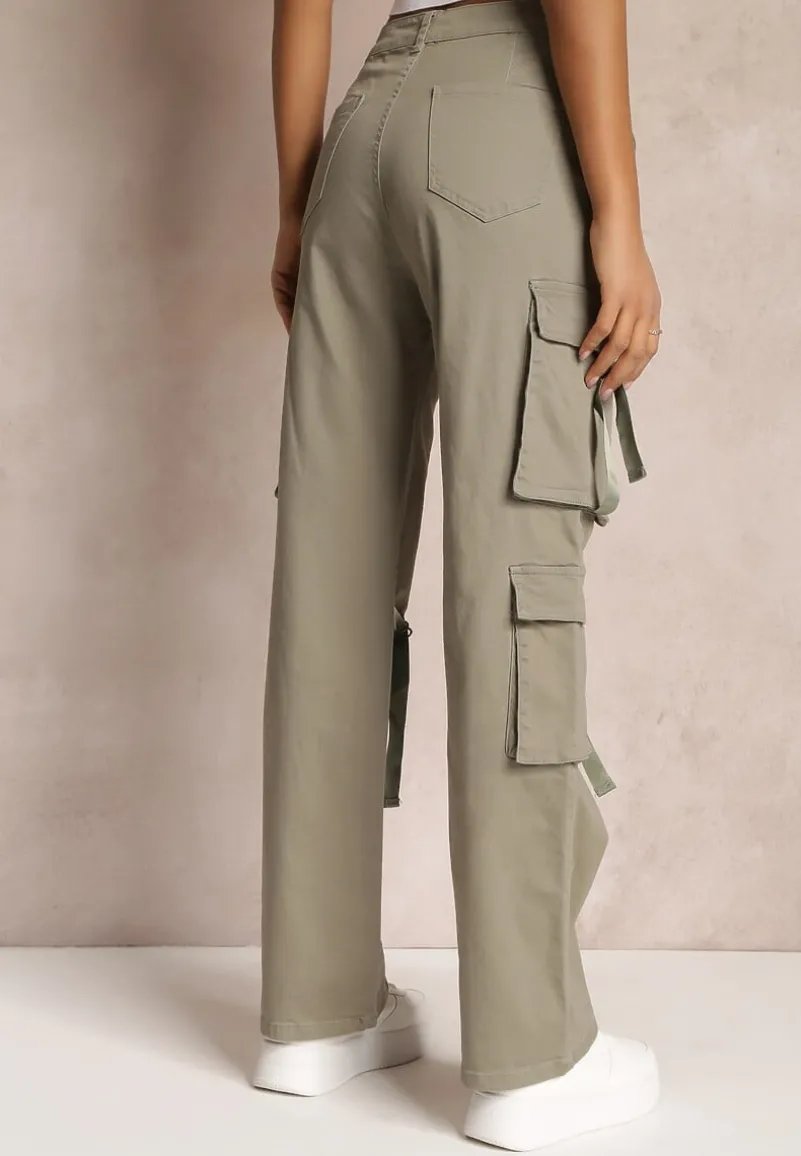 Ciemnozielone Jeansy Cargo z Kieszeniami i Taśmami Vinlis