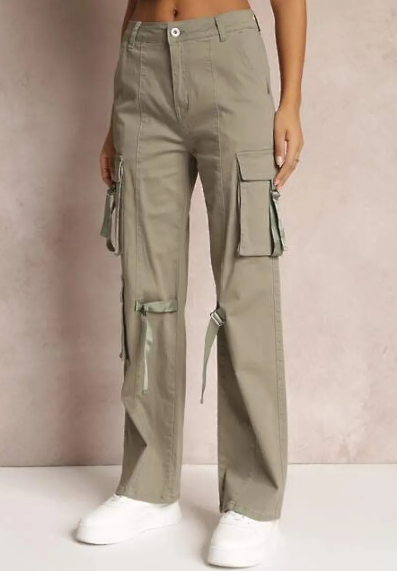 Ciemnozielone Jeansy Cargo z Kieszeniami i Taśmami Vinlis