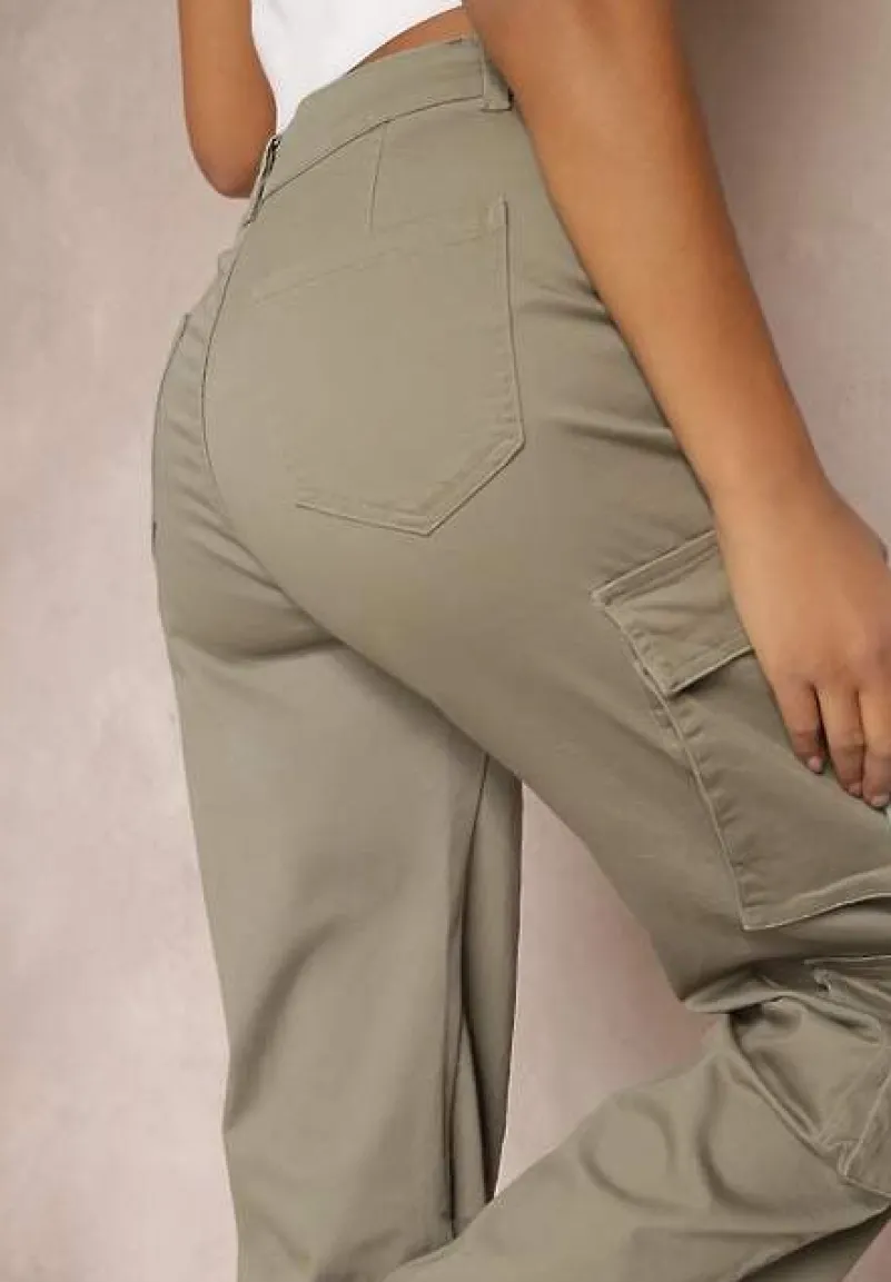 Ciemnozielone Jeansy Cargo z Kieszeniami i Taśmami Vinlis