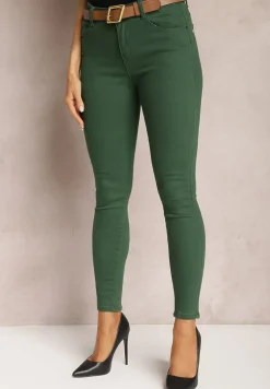Ciemnozielone Jeansy Skinny z Paskiem z Klamerką Pisanne