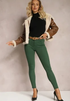 Ciemnozielone Jeansy Skinny z Paskiem z Klamerką Pisanne