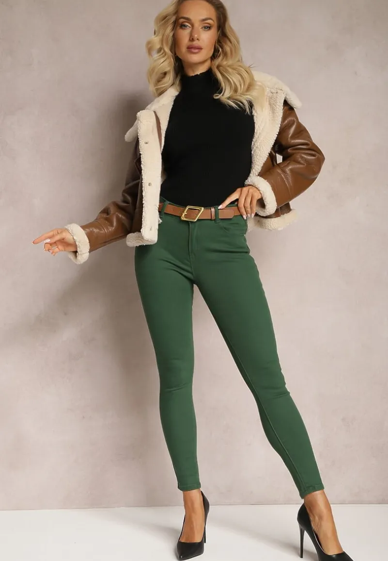 Ciemnozielone Jeansy Skinny z Paskiem z Klamerką Pisanne