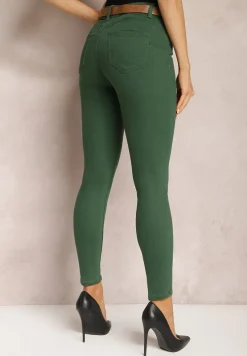 Ciemnozielone Jeansy Skinny z Paskiem z Klamerką Pisanne