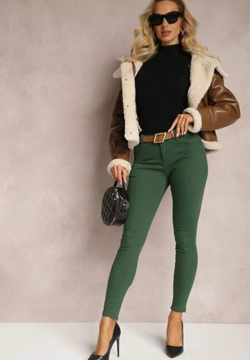 Ciemnozielone Jeansy Skinny z Paskiem z Klamerką Pisanne
