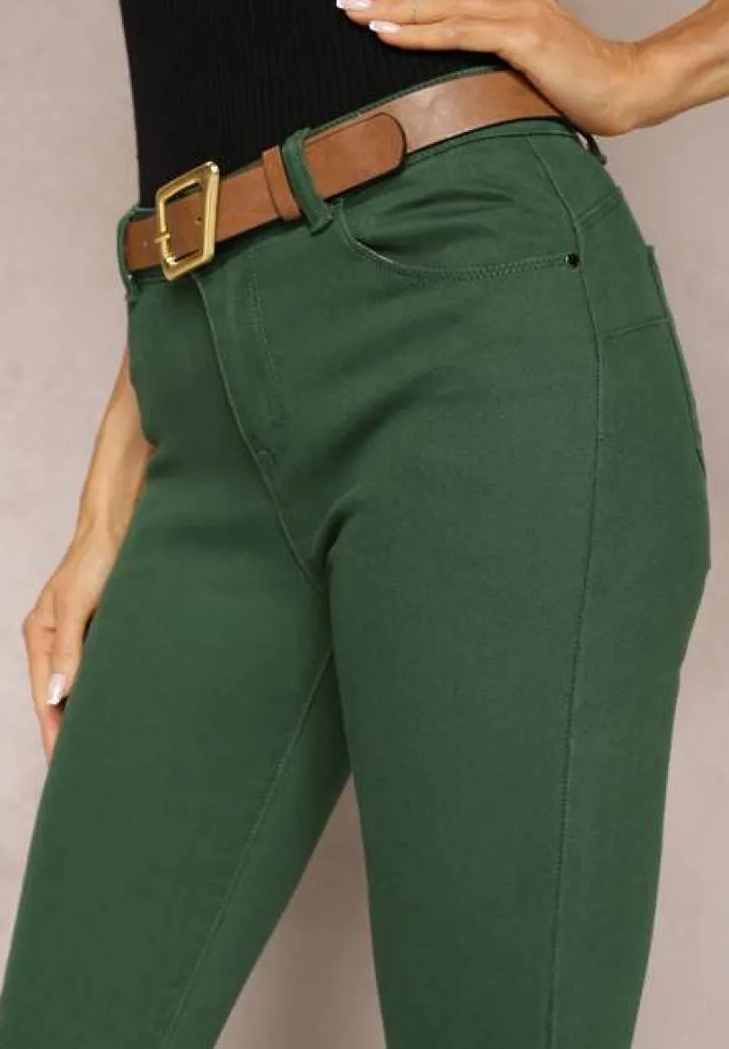 Ciemnozielone Jeansy Skinny z Paskiem z Klamerką Pisanne