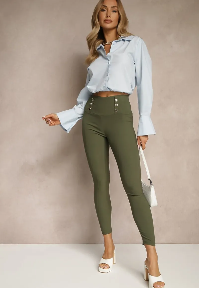 Ciemnozielone Legginsy High Waist z Ozdobnymi Guzikami Kolowenia