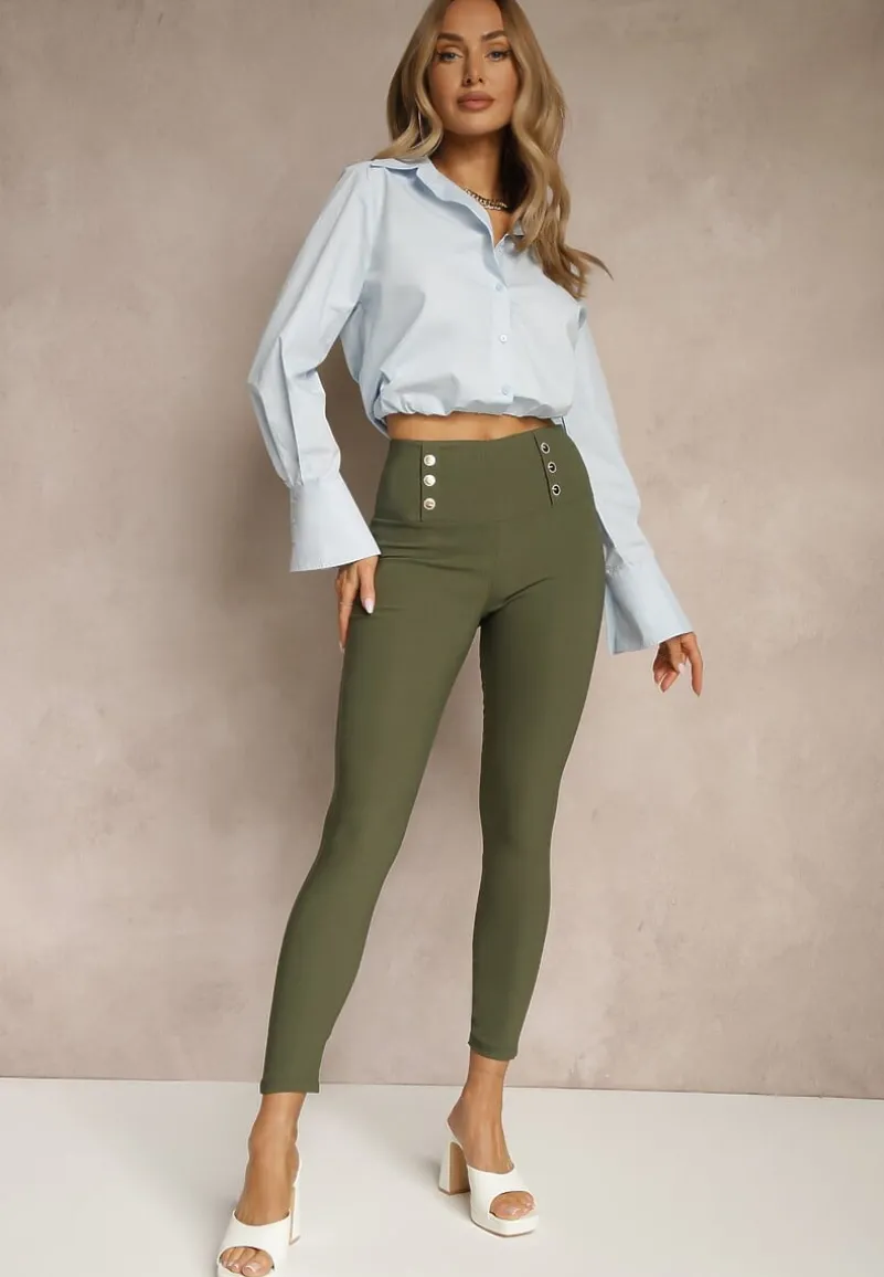 Ciemnozielone Legginsy High Waist z Ozdobnymi Guzikami Kolowenia