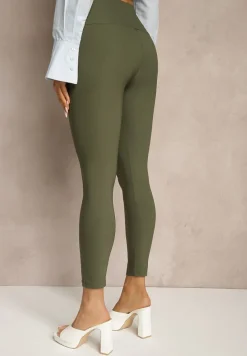 Ciemnozielone Legginsy High Waist z Ozdobnymi Guzikami Kolowenia