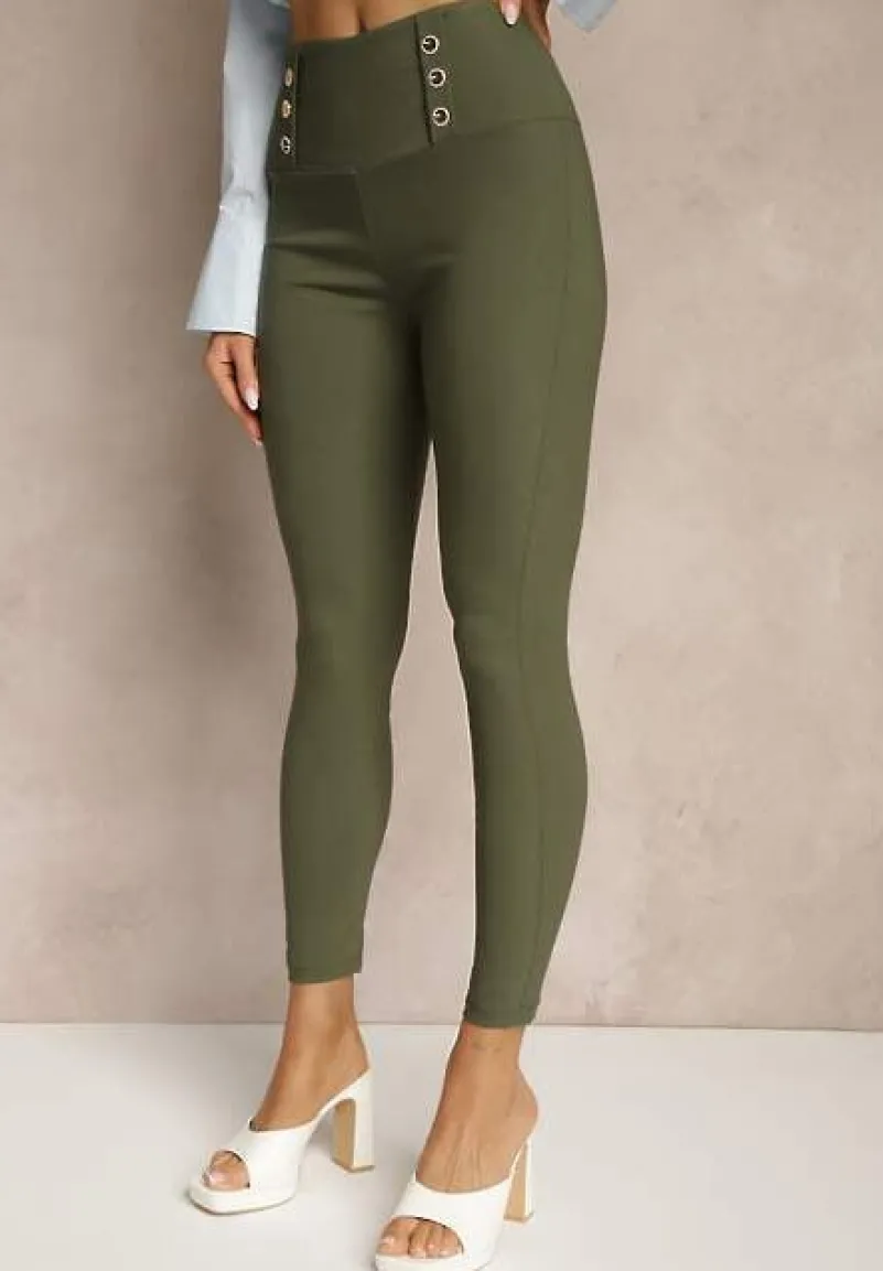 Ciemnozielone Legginsy High Waist z Ozdobnymi Guzikami Kolowenia