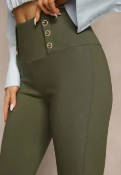 Ciemnozielone Legginsy High Waist z Ozdobnymi Guzikami Kolowenia