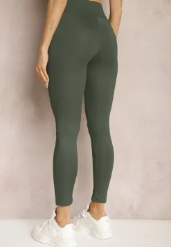 Ciemnozielone Legginsy High Waist z Gumką w Pasie Cloen