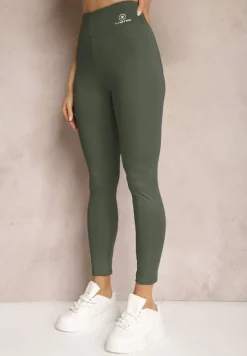 Ciemnozielone Legginsy High Waist z Gumką w Pasie Cloen