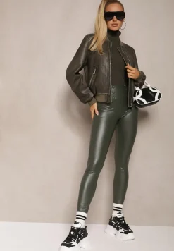 Ciemnozielone Legginsy Push-Up z Ekoskóry Ocieplone Polarkiem Alabella