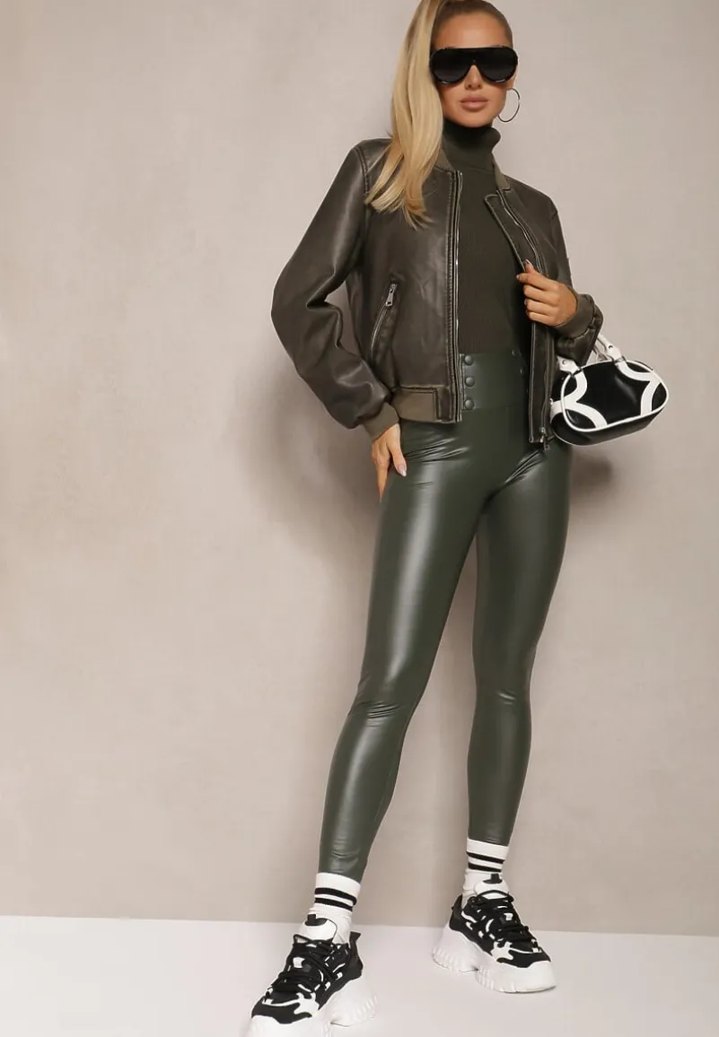 Ciemnozielone Legginsy Push-Up z Ekoskóry Ocieplone Polarkiem Alabella