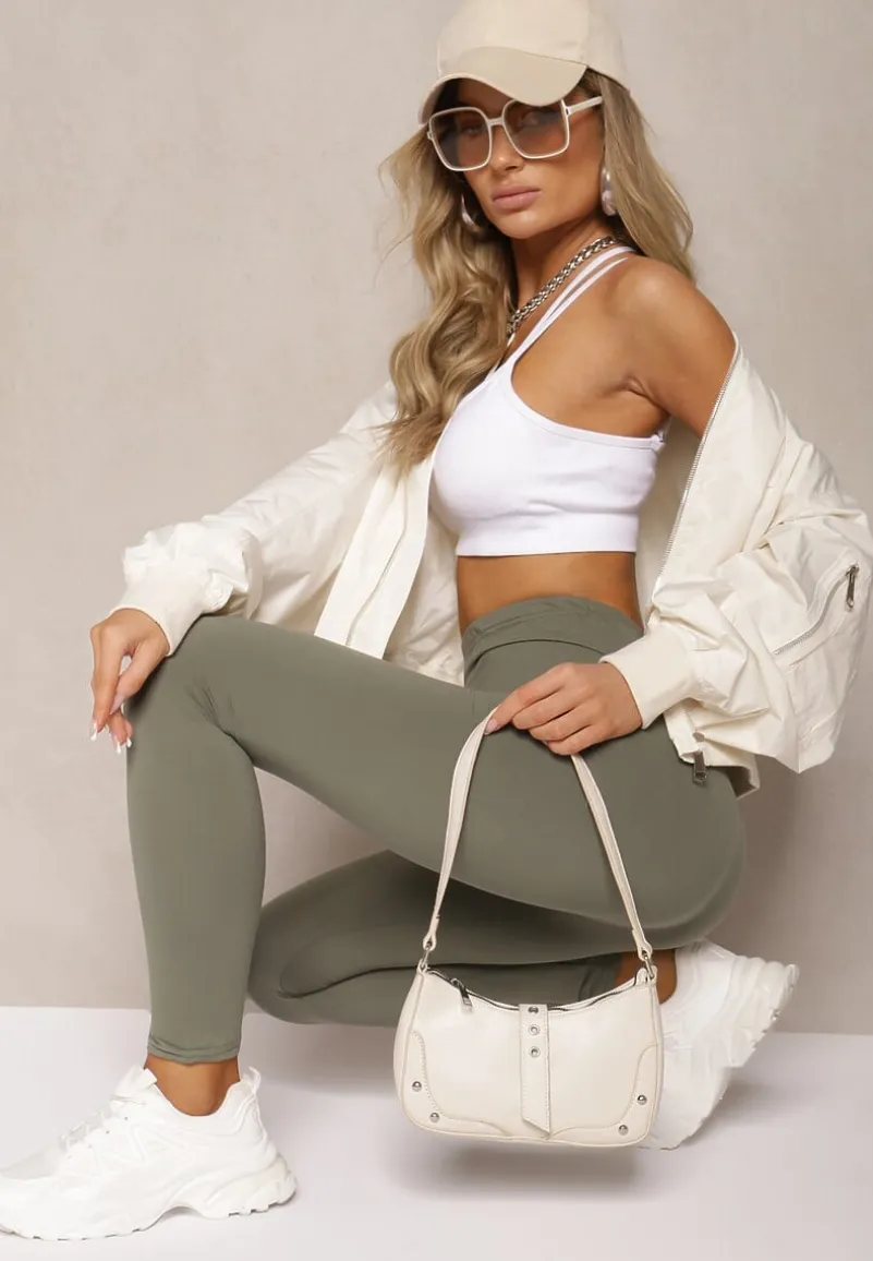 Ciemnozielone Legginsy z Gumką w Talii z Długimi Nogawkami Caleta