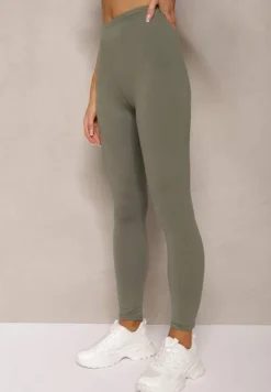 Ciemnozielone Legginsy z Gumką w Talii z Długimi Nogawkami Caleta