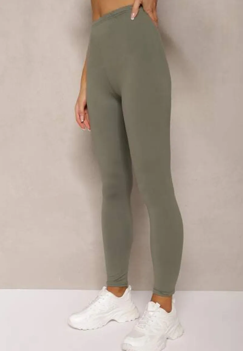 Ciemnozielone Legginsy z Gumką w Talii z Długimi Nogawkami Caleta