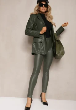 Ciemnozielone Legginsy z Imitacji Skóry High Waist Noriel