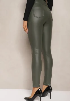 Ciemnozielone Legginsy z Imitacji Skóry High Waist Noriel