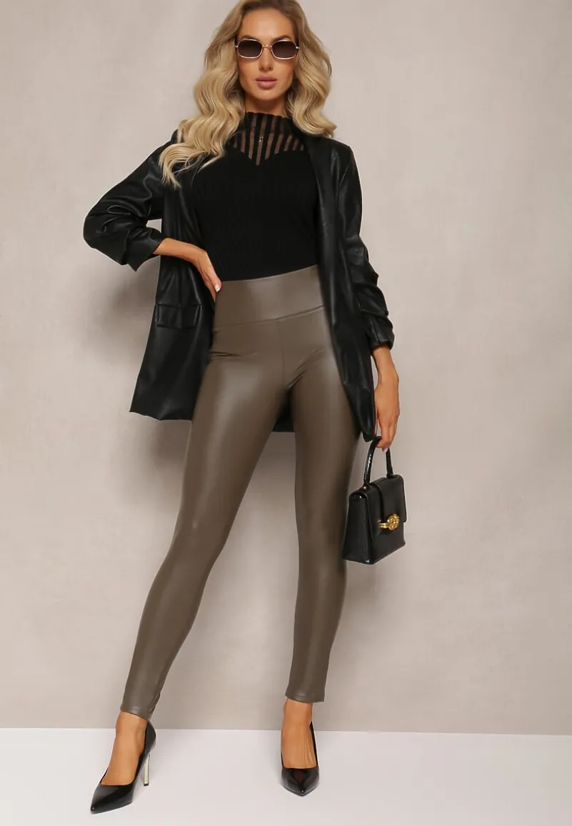 Ciemnozielone Ocieplane Legginsy z Imitacji Skóry Prasata