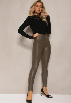 Ciemnozielone Ocieplane Legginsy z Imitacji Skóry Prasata
