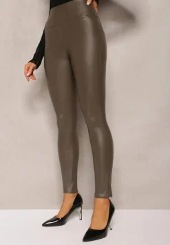 Ciemnozielone Ocieplane Legginsy z Imitacji Skóry Prasata