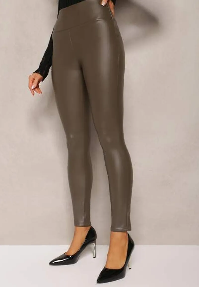 Ciemnozielone Ocieplane Legginsy z Imitacji Skóry Prasata