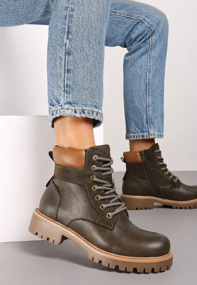 Ciemnozielone Ocieplane Traperki na Sznurowanie Revisa