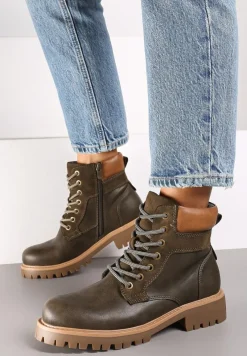 Ciemnozielone Ocieplane Traperki na Sznurowanie Revisa