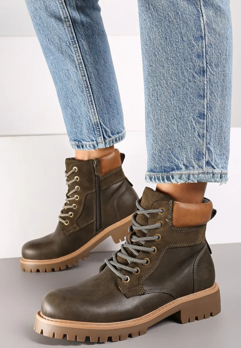 Ciemnozielone Ocieplane Traperki na Sznurowanie Revisa