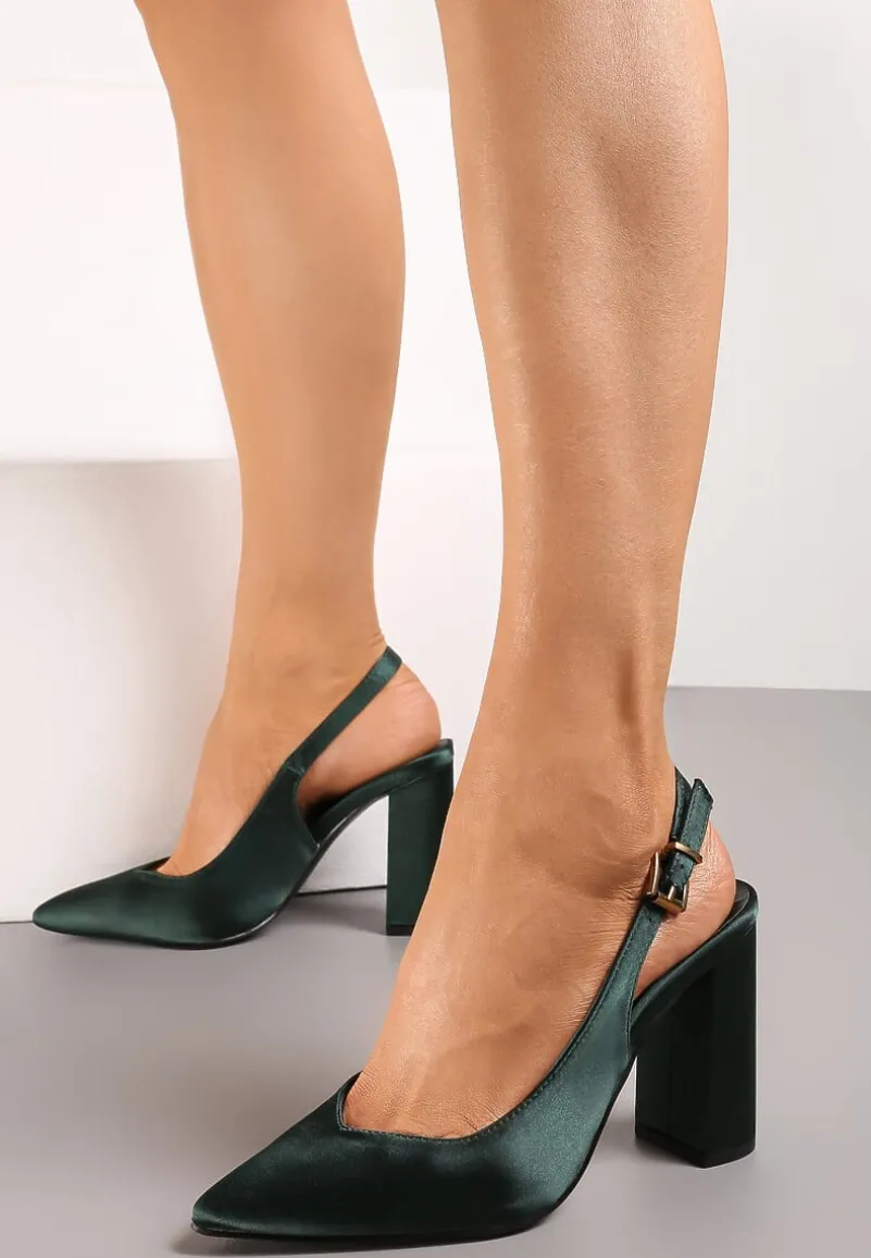 Ciemnozielone Satynowe Czółenka na Słupku ze Szpiczastym Noskiem Ingrila