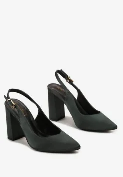 Ciemnozielone Satynowe Czółenka na Słupku ze Szpiczastym Noskiem Ingrila