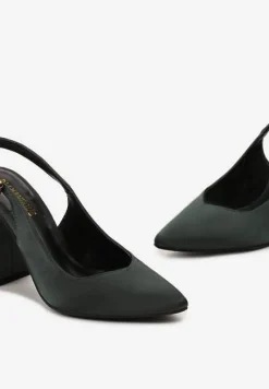 Ciemnozielone Satynowe Czółenka na Słupku ze Szpiczastym Noskiem Ingrila