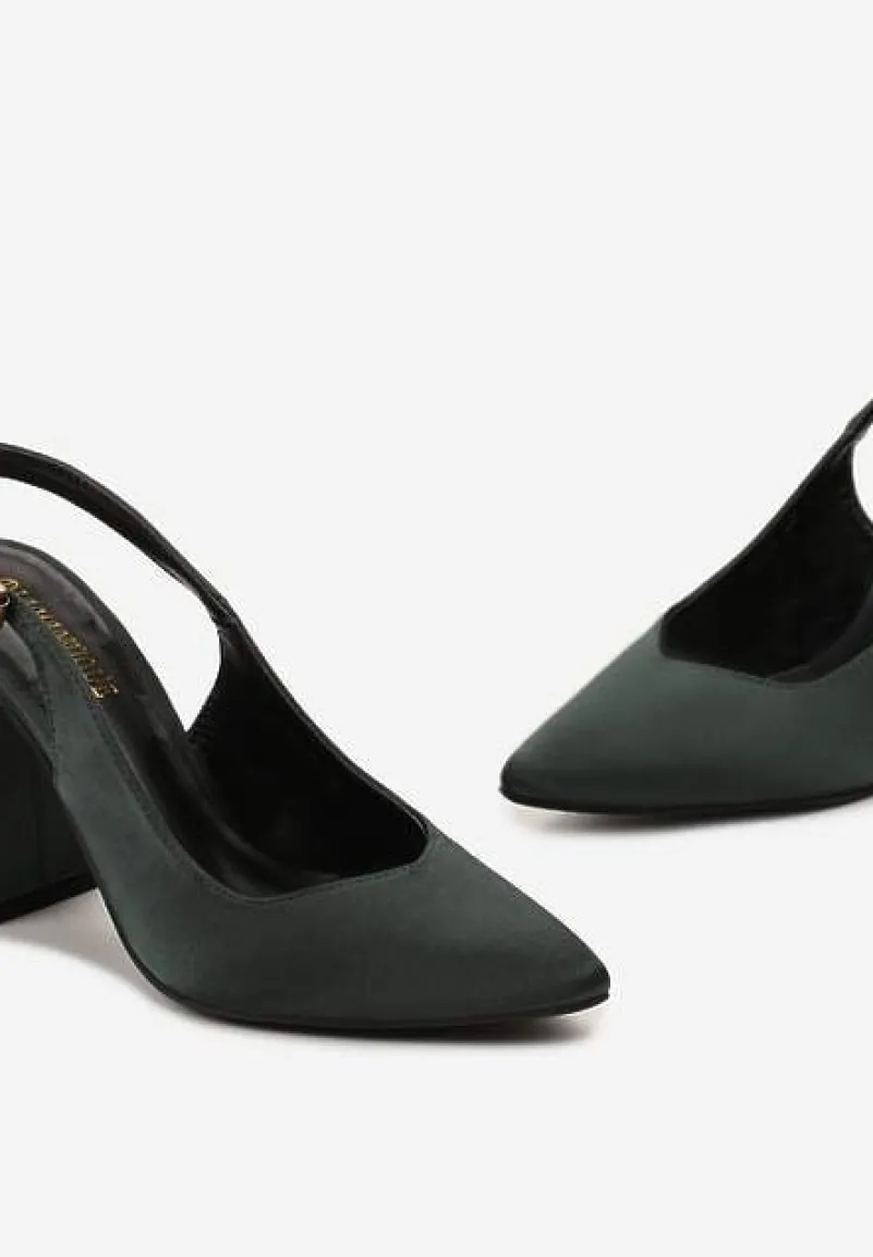 Ciemnozielone Satynowe Czółenka na Słupku ze Szpiczastym Noskiem Ingrila