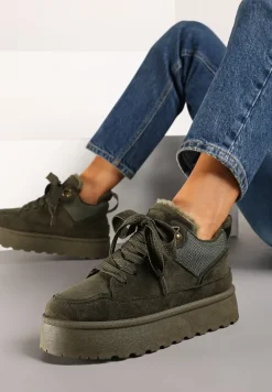 Ciemnozielone Sneakersy na Niskiej Platformie Mocno Ocieplane Tifilie