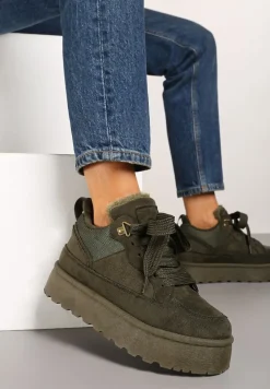Ciemnozielone Sneakersy na Niskiej Platformie Mocno Ocieplane Tifilie