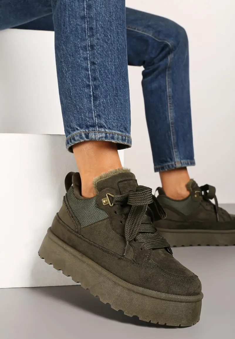Ciemnozielone Sneakersy na Niskiej Platformie Mocno Ocieplane Tifilie