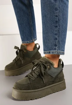 Ciemnozielone Sneakersy na Niskiej Platformie Mocno Ocieplane Tifilie