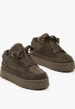 Ciemnozielone Sneakersy na Niskiej Platformie Mocno Ocieplane Tifilie