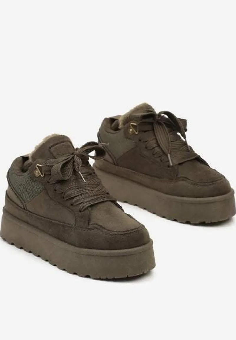 Ciemnozielone Sneakersy na Niskiej Platformie Mocno Ocieplane Tifilie