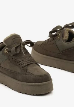 Ciemnozielone Sneakersy na Niskiej Platformie Mocno Ocieplane Tifilie