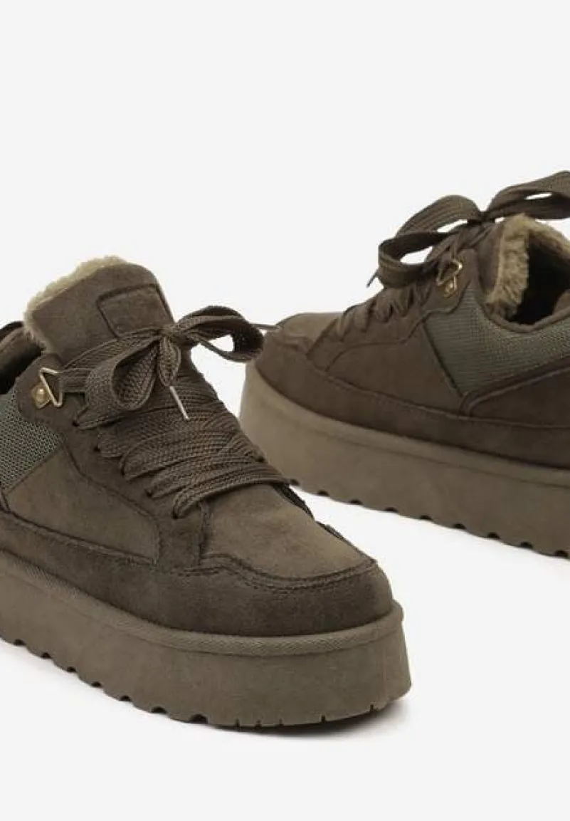 Ciemnozielone Sneakersy na Niskiej Platformie Mocno Ocieplane Tifilie