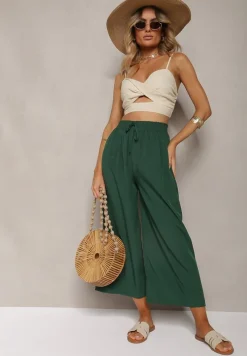 Ciemnozielone Spodnie High Waist z Szerokimi Nogawkami z Wiskozą Wykończone Gumką w Talii Crisantas