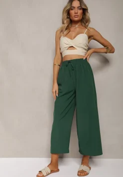 Ciemnozielone Spodnie High Waist z Szerokimi Nogawkami z Wiskozą Wykończone Gumką w Talii Crisantas