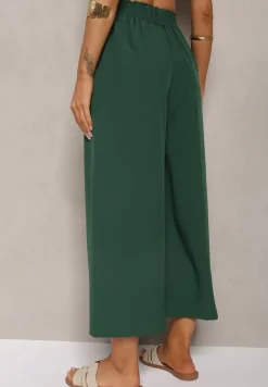 Ciemnozielone Spodnie High Waist z Szerokimi Nogawkami z Wiskozą Wykończone Gumką w Talii Crisantas