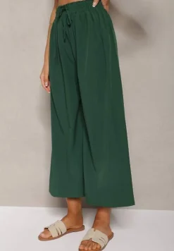Ciemnozielone Spodnie High Waist z Szerokimi Nogawkami z Wiskozą Wykończone Gumką w Talii Crisantas